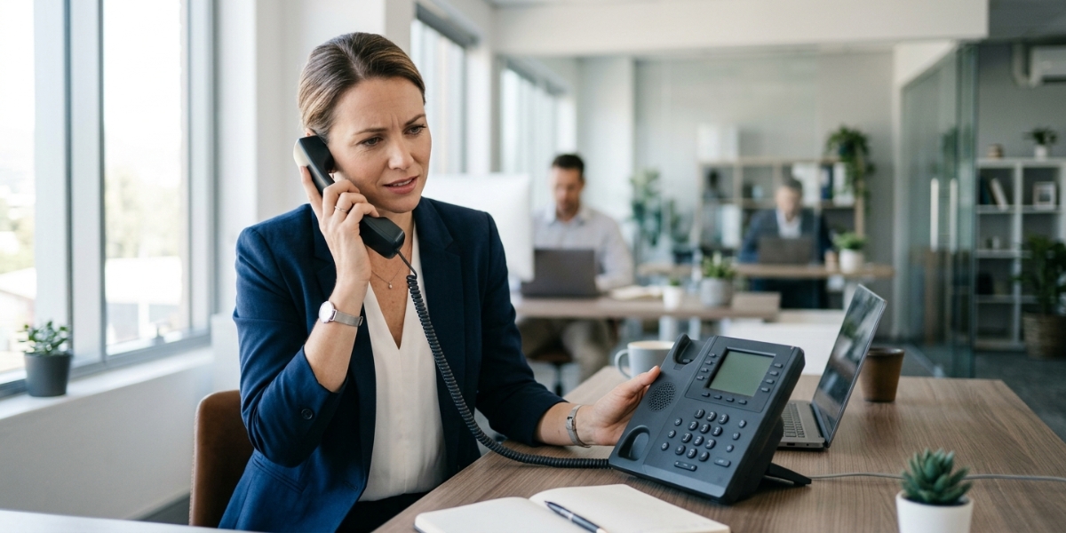Business professional using a desk phone with uncertainty, highlighting VoIP 911 compliance risks in office communication