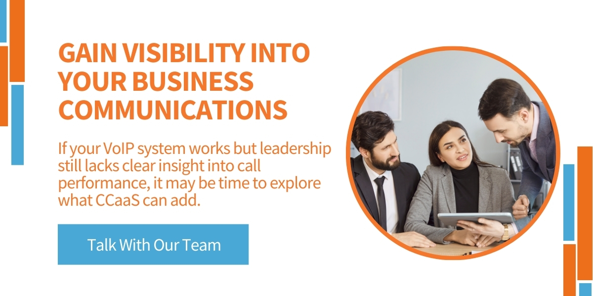 IT consultant discussing business communication strategy with clients related to CCaaS vs VoIP