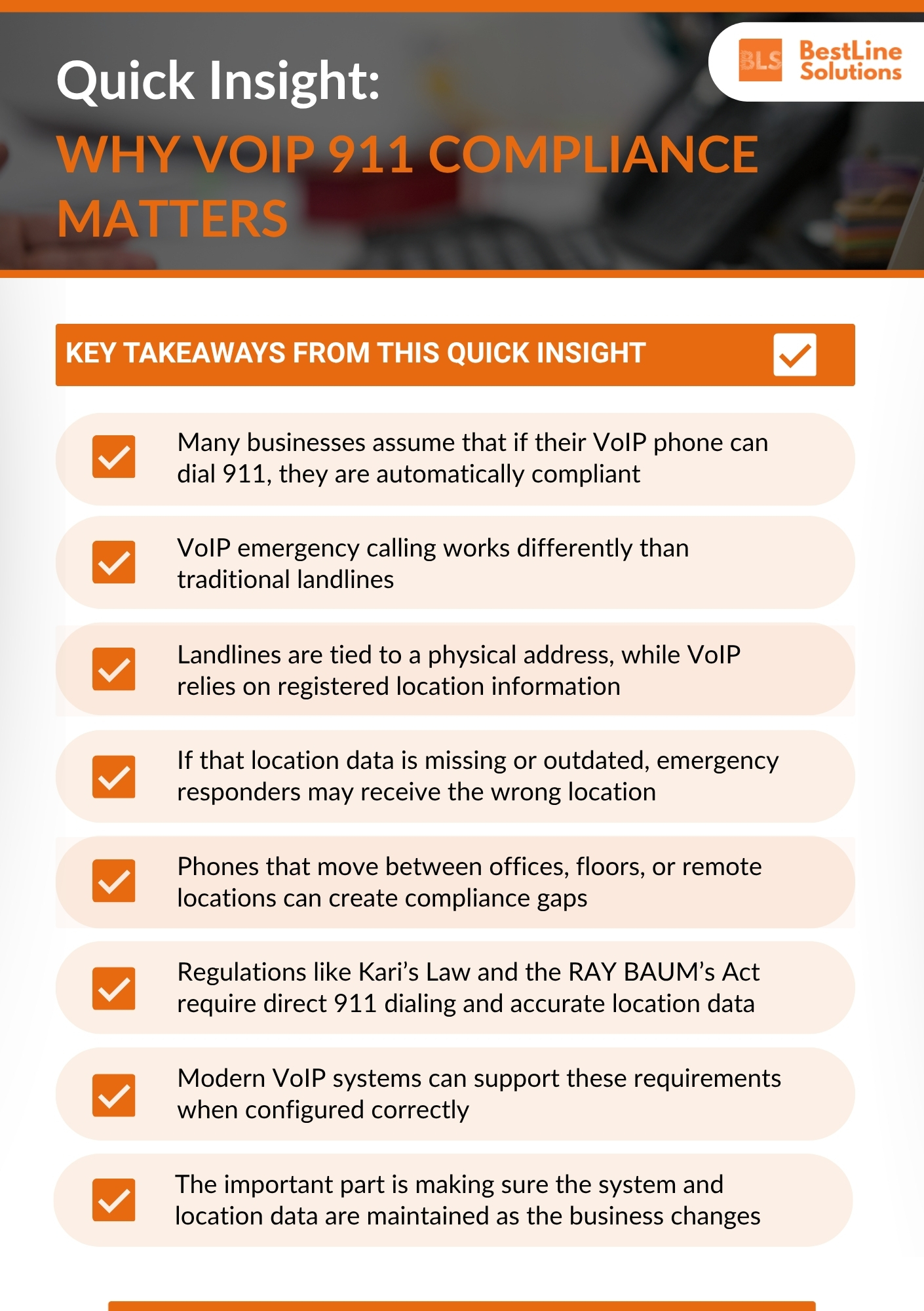 VoIP 911 compliance key takeaways checklist highlighting emergency calling requirements including location data accuracy, Kari’s Law, and RAY BAUM’s Act for business phone systems 