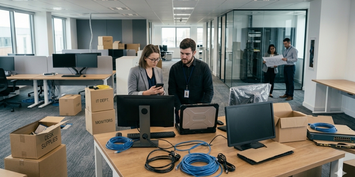 Office relocation with IT equipment, monitors, and network cables not yet set up in a modern office environment