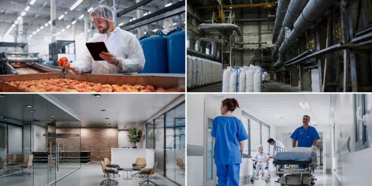 Collage of healthcare, industrial, commercial office, and food production environments demonstrating operational visibility and environmental monitoring across connected facilities.