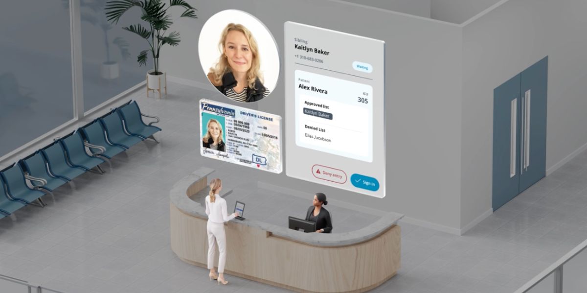 Healthcare guest management and digital visitor check-in workflow showing patient visitor approval, identity verification, and connected operational coordination within a modern medical facility.