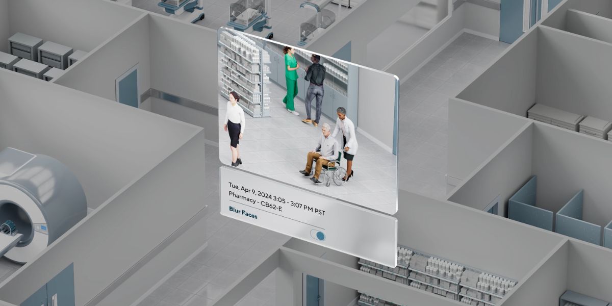 Healthcare pharmacy monitoring interface showing AI-assisted operational visibility, patient movement tracking, and connected facility oversight within a modern medical environment.