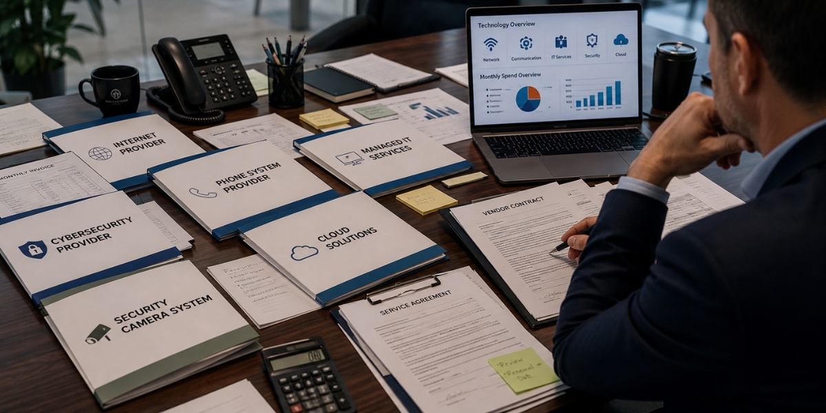 Business reviewing multiple technology vendor contracts during a technology vendor consolidation planning process.