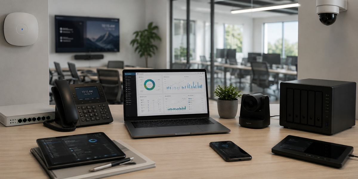 Connected office technology ecosystem showing technology vendor consolidation through coordinated IT, communication, security, and network systems.