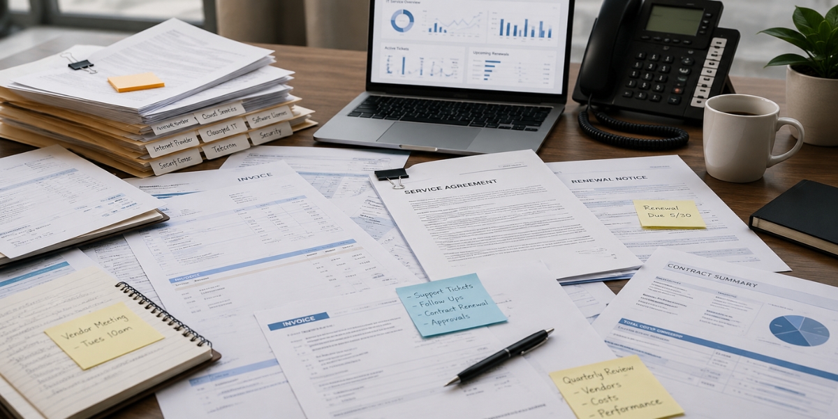Technology vendor management documents, invoices, and contracts showing the hidden costs of managing multiple technology providers.