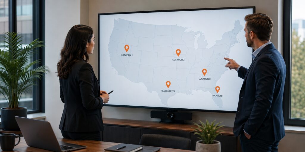 Business leader reviewing a technology blueprint while planning standardized growth across multiple business locations.