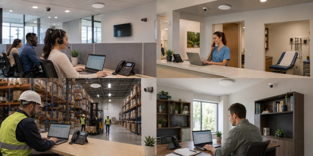 Different workplace environments following a consistent technology standard across multiple business locations.