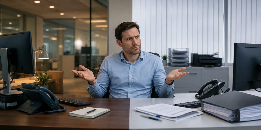 Employee navigating different technology setups across two office locations.