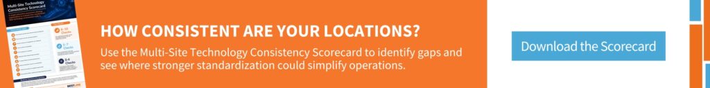 Multi-Site Technology Consistency Scorecard from BestLine Solutions for identifying technology standardization gaps across business locations.
