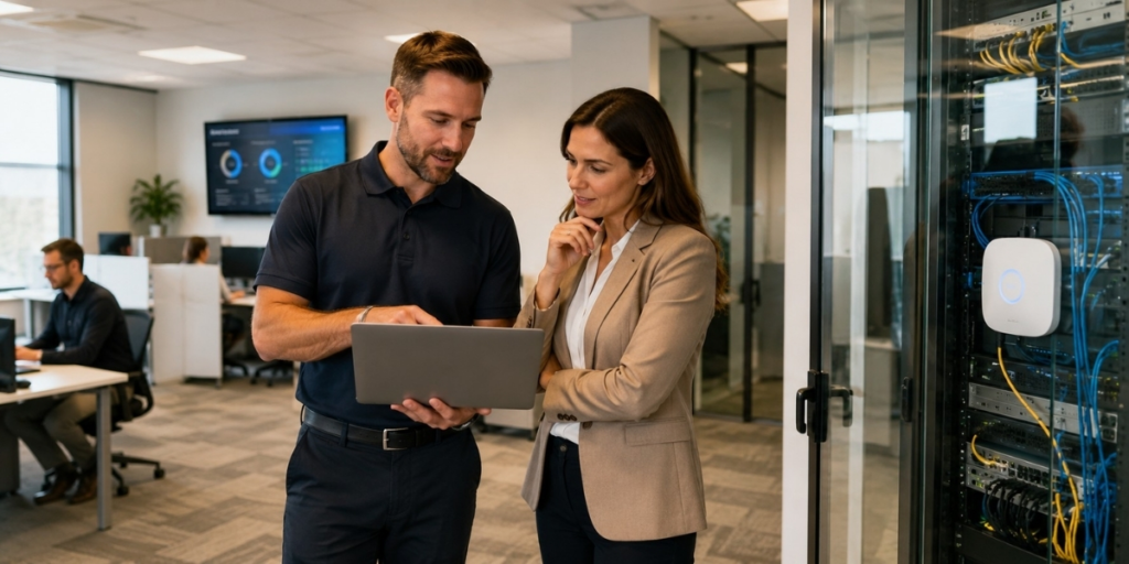 IT consultant and business manager reviewing a resilient connectivity setup in a modern office