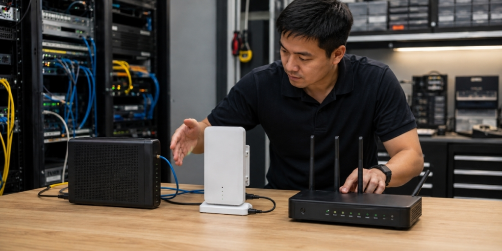 IT technician comparing wired, fixed wireless, and 5G backup internet equipment
