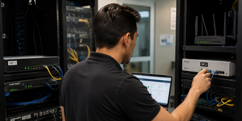 IT technician reviewing two ISP connections for internet redundancy for business