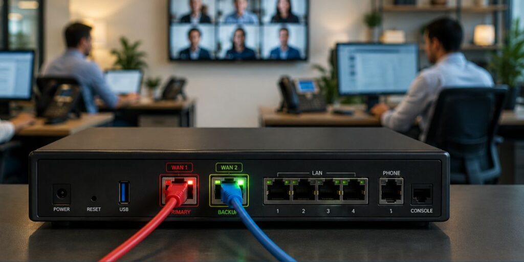 Internet redundancy for business with a failed primary connection and active backup connection
