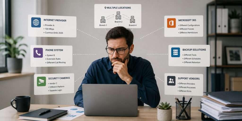 Multi site IT management across multiple locations with different internet, phone, security, Microsoft 365, backup, and support systems.