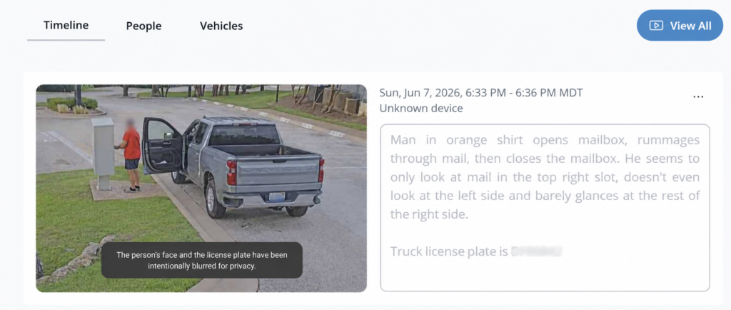 Verkada incident timeline showing a man at the mailbox beside a pickup truck during an after-hours security event.