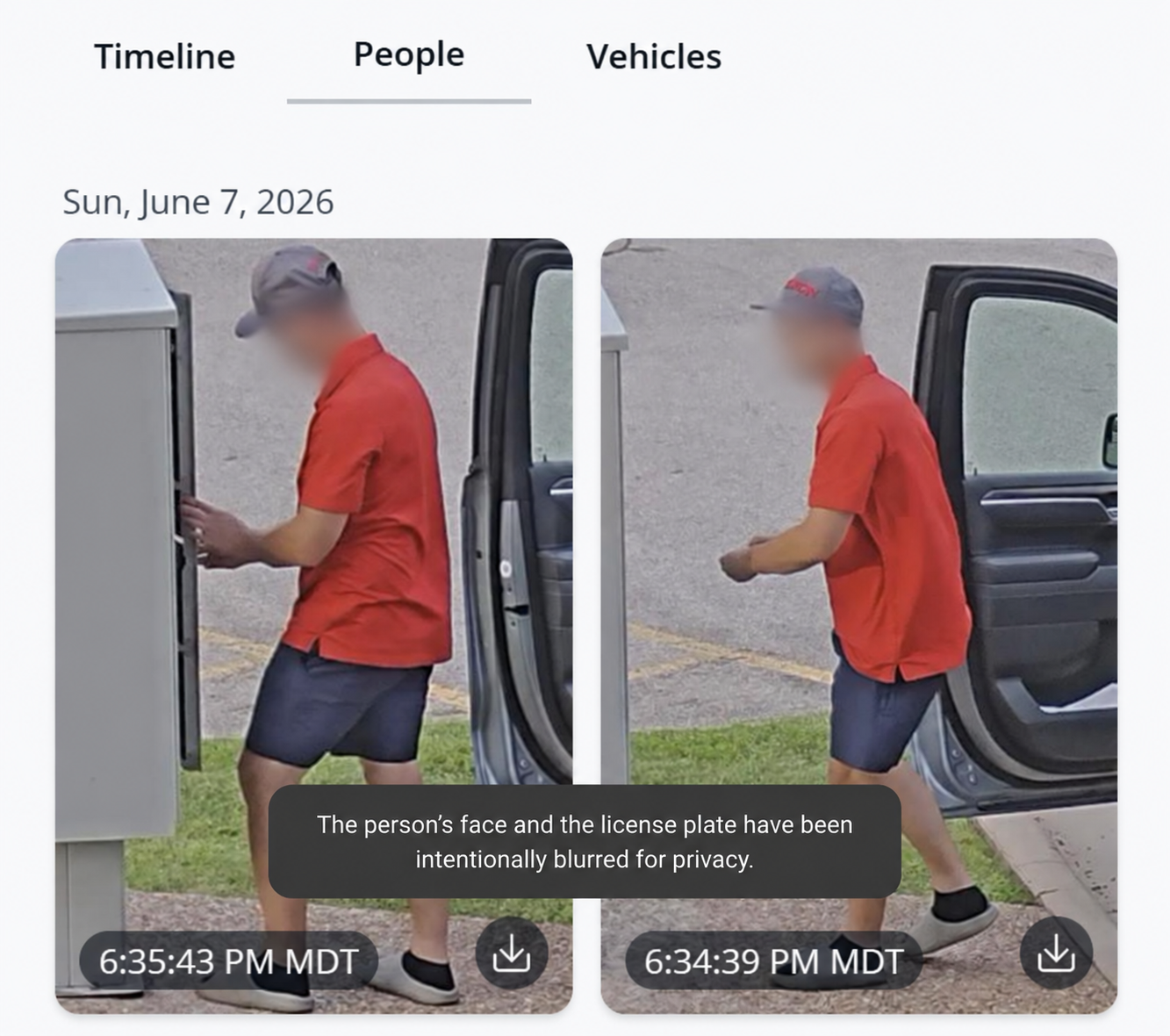 Verkada dashboard showing a person detected near the mailbox during the after-hours security incident.