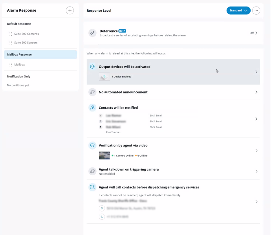 Verkada alarm response settings showing contact notifications, video verification, and emergency services escalation.