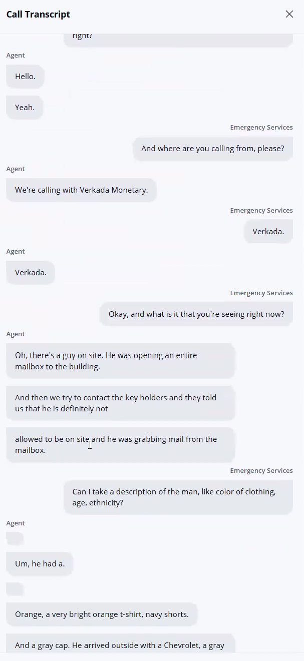 Verkada call transcript showing communication with emergency services during an after-hours mailbox security incident.