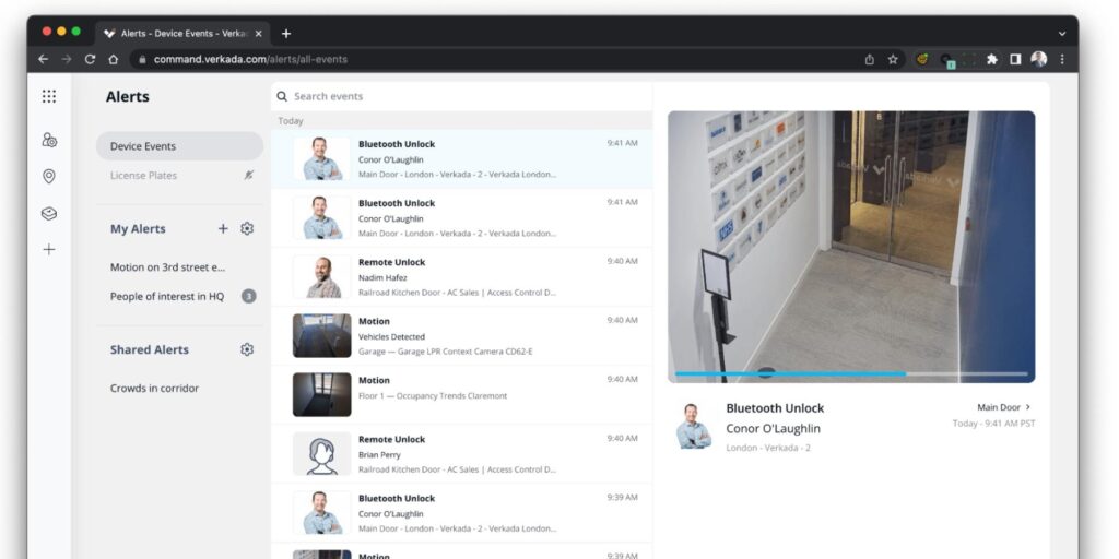 Verkada access control events linked to corresponding security camera footage.