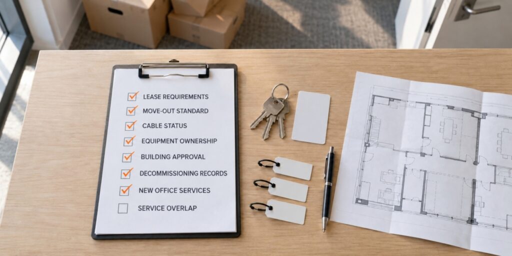 Final office walkthrough checklist beside keys, an access card, cable tags, and a floor plan before returning the leased space.