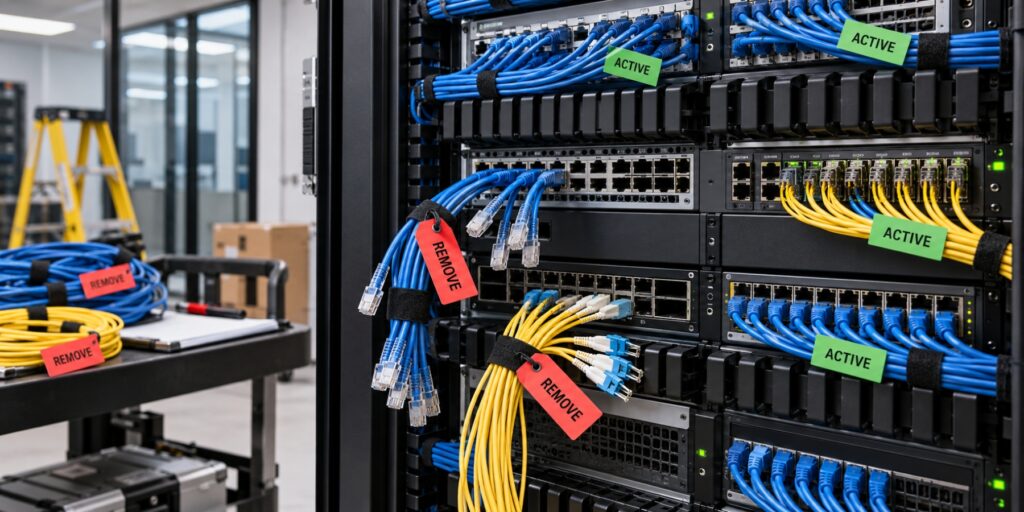 Network rack with active and removal-tagged Ethernet and fiber cables during low-voltage cable decommissioning.