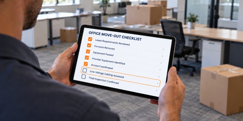 Office move-out checklist on a tablet highlighting an unfinished low-voltage cabling assessment.