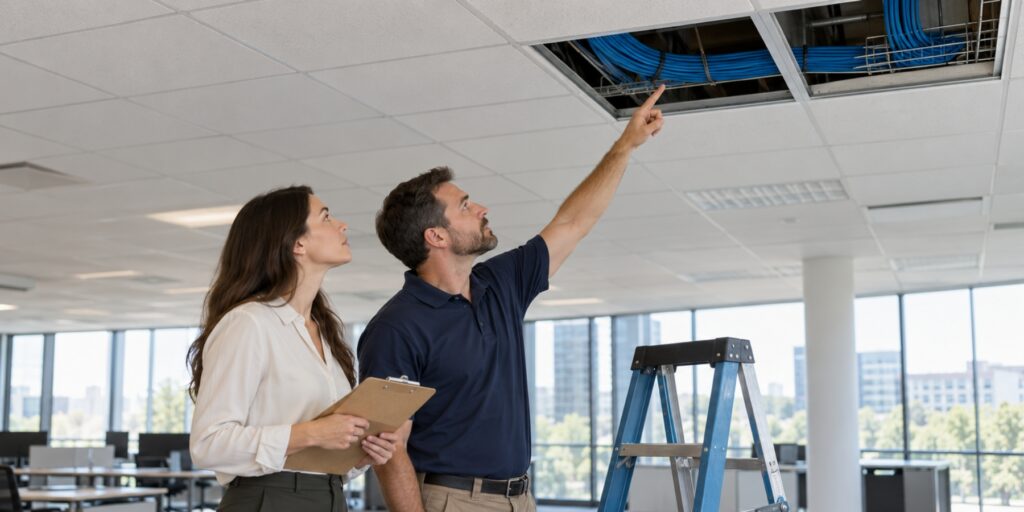 Property manager and technician inspect low-voltage cabling above an office ceiling during a move-out walkthrough.