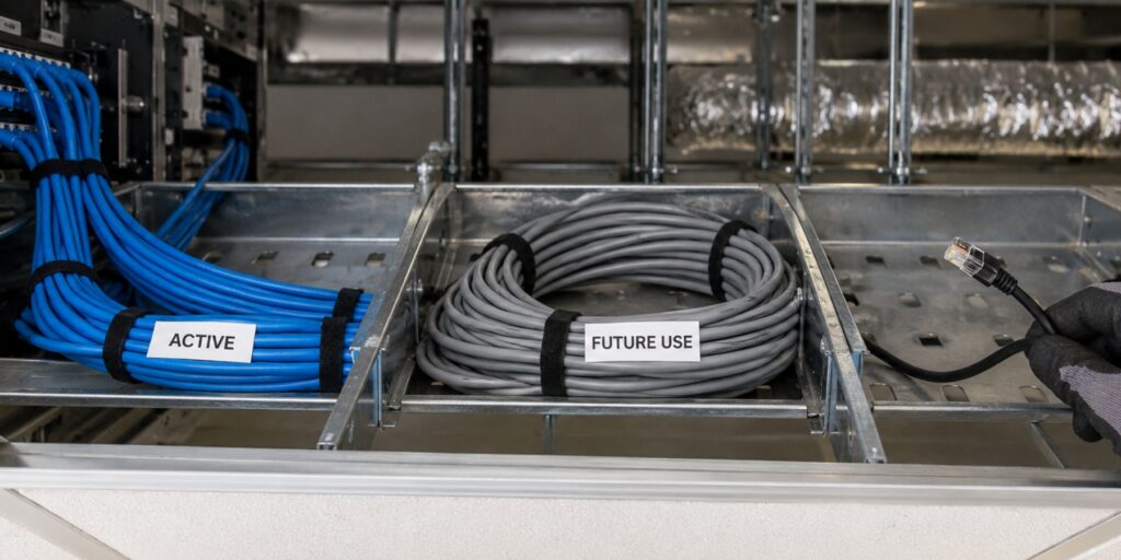 Technician inspecting labeled active, future-use, building-owned, and tenant-owned cables while identifying abandoned low-voltage cabling above a drop ceiling